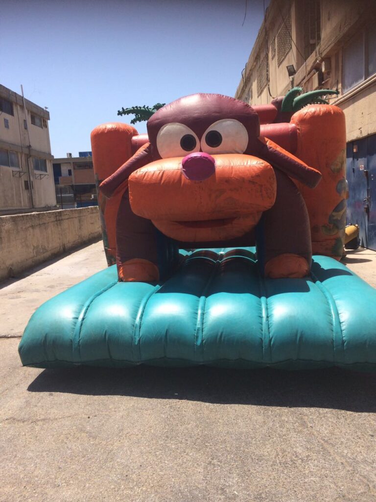 טירת קפיצות מתנפחת בצורת כלב מצויר מוצבת בחוץ בין שני בניינים ביום שטוף שמש.